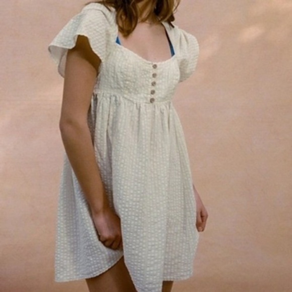 URBAN OUTFITTERS Cream Tan Gingham Puff Sleeve Square Neck‎ Mini Dress Small